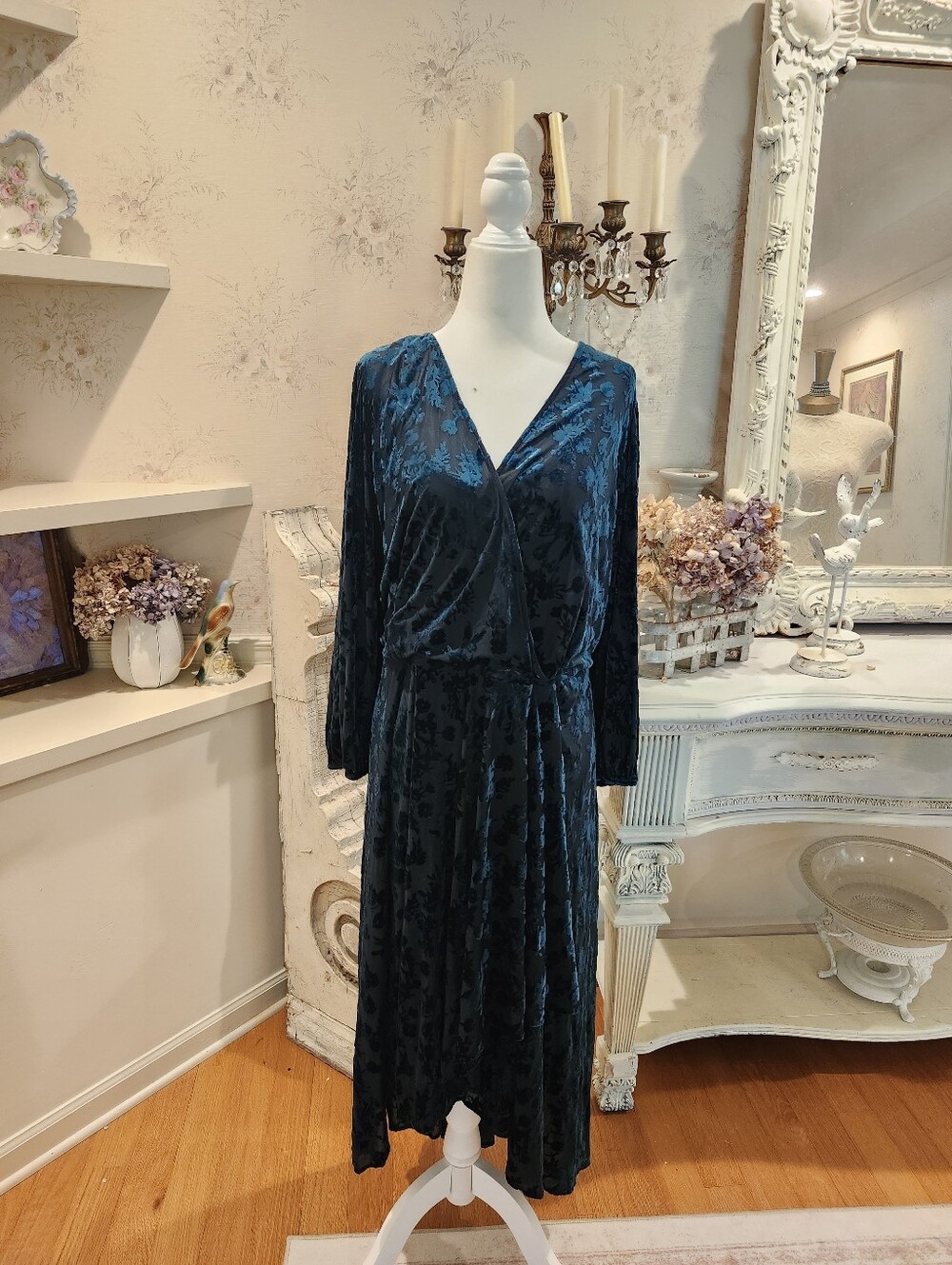 Calvin Klein Teal Burnout Velvet Midi Dress Handkerchief Hem Long Sleeve 20W